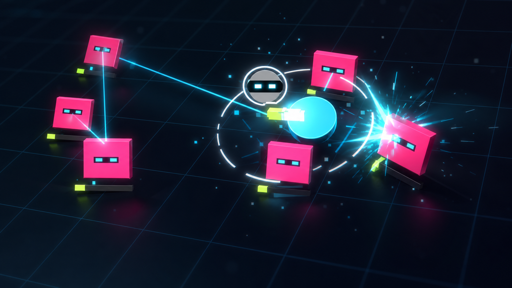 Volt Runner kämpft in einer schrägen Nahaufnahme gegen eine Gruppe pinker Roboter
